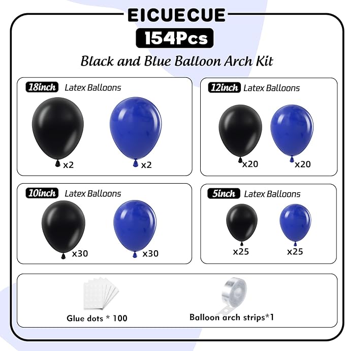 Blue and Black Balloon Arch Kit - 154Pcs 5 10 12 18 inch Royal Blue and Black Balloon Garland Kit for Boys Birthday Graduation New Years Baby Shower Halloween Supplies Party Decorations