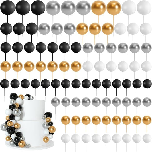 138 Pcs Black and Gold Balls Cake Topper Graduation Cake Decorations Balloon Cupcake Toppers Multisize Foam Cake Balls Decorations for Birthday Party Wedding Anniversary