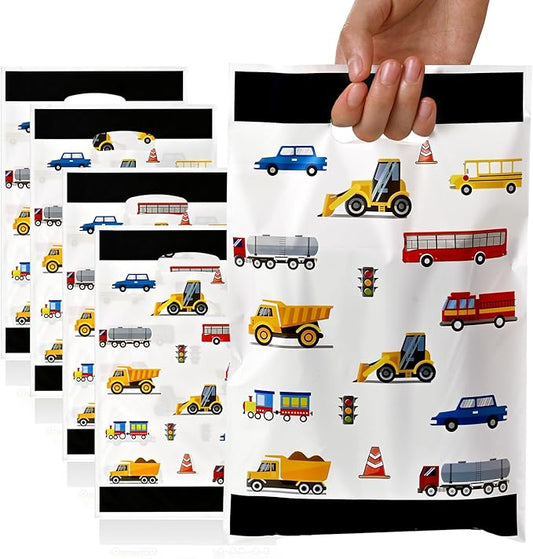 HappFestiv 50 Pcs Construction Vehicle Party Favor Bags, Cars Goodie Bags with Handle, Treat Bags for Snacks&Candy, Gift Bags for Boys Party Supplies
