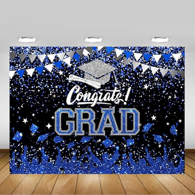 Mocsicka Graduation Party Decorations 2026 Congrats Grad Backdrops for Photography Bachelor Cap Congratulations Grad Photo Backdrop Graduation Prom Party Supplie (Blue and Silver, 10x8ft(120x96 inch))