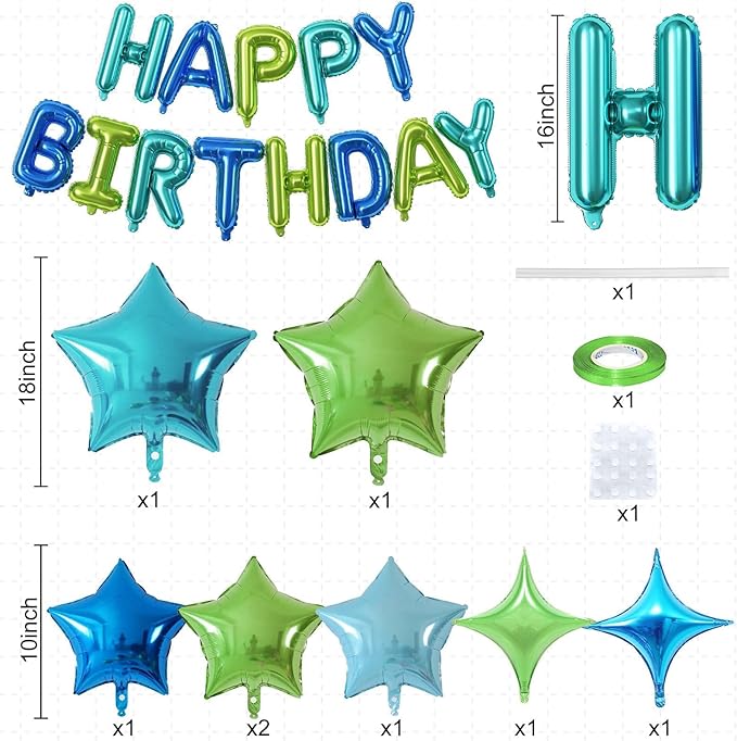 Happy Birthday Balloon Banner Blue Green, 16 Inch Mylar Foil Letter Balloons, Reusable Birthday Decorations with 8 Pcs Blue and Green Foil Balloons, Inflatable Party Supplies for Men Women Girls