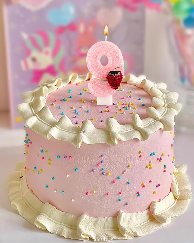 Birthday Candles for Cake, Pink Number Candles, Cake Candles with Greeting Card for Birthday Party Wedding Anniversary Celebrations (Strawberry 9 Candle)