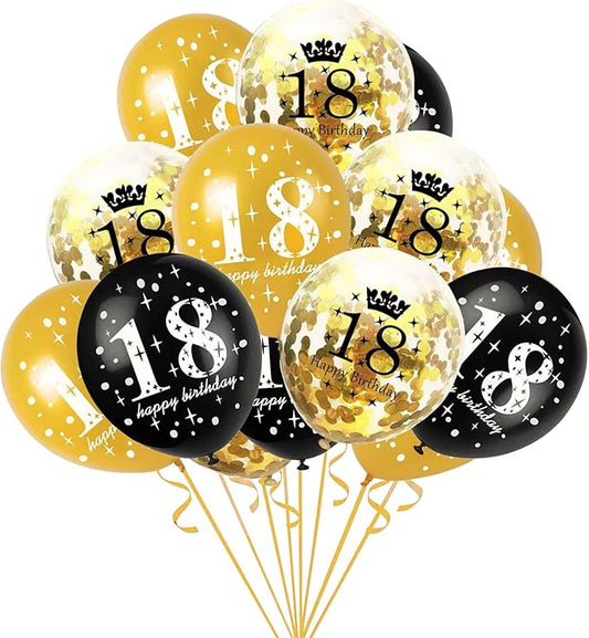 SHUNTAI 18th Birthday Balloons Gold and Black 18th Birthday Decorations,Latex Gold Confetti Balloon for Boys Girls 18 Year Old Anniversary Theme Party Supplies 15 Pieces 12 Inch