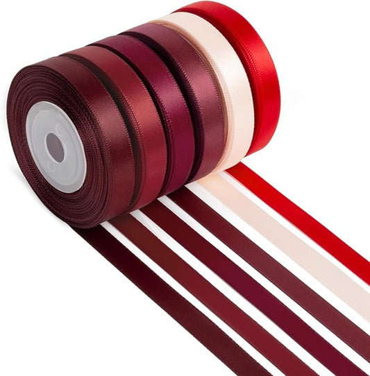 Red Ribbon Thin 3/8 Inch x 60Yards Assorted Burgundy, Dark Red, Maroon, Wine, Rose White, Double Faced Satin Ribbon for Flower Bouquet, Gift Wrapping, Wedding Invitation, Bows, Crafts, Gift Bags