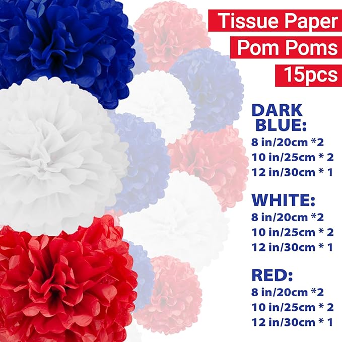 Capesaro Red White and Blue Tissue Paper Pom Poms, 15PCS Tissue Paper Flowers for or 4th of July Patriotic Graduation Birthday Wedding Nautical Baseball Theme Party Decoration