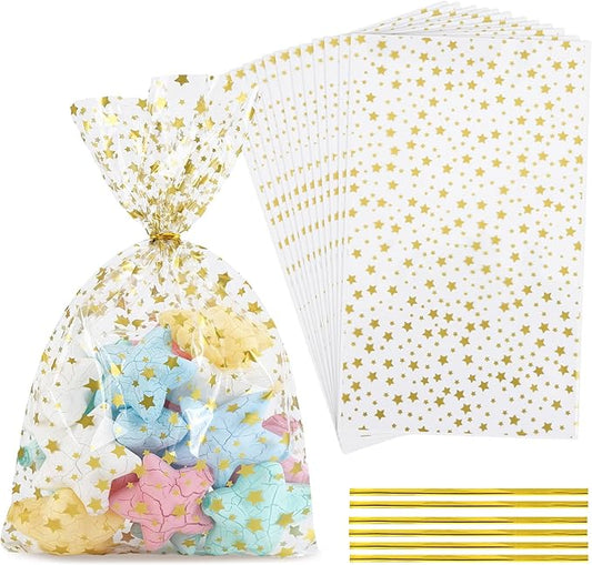 100Pcs Cellophane Bags, Clear Gift Bag Cellophane Treat Bags 6 X 10 Inches 100 Twist Ties for Gift Wrapping,Packaging Candies,Dessert,Bakery, Cookies, Chocolate,Party Favor, Gold Star Printed