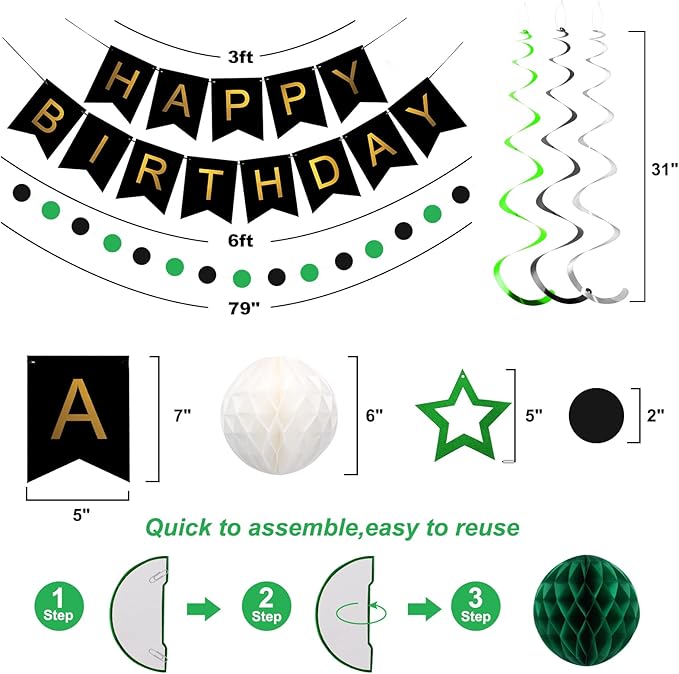 meowtastic Birthday Decorations, Happy Birthday Banner with Honeycomb Balls, Star Hanging Swirl Streamer, Circle Dot Garland, Happy Birthday Party Decorations for Women Men Boys Girls (Green & Black)