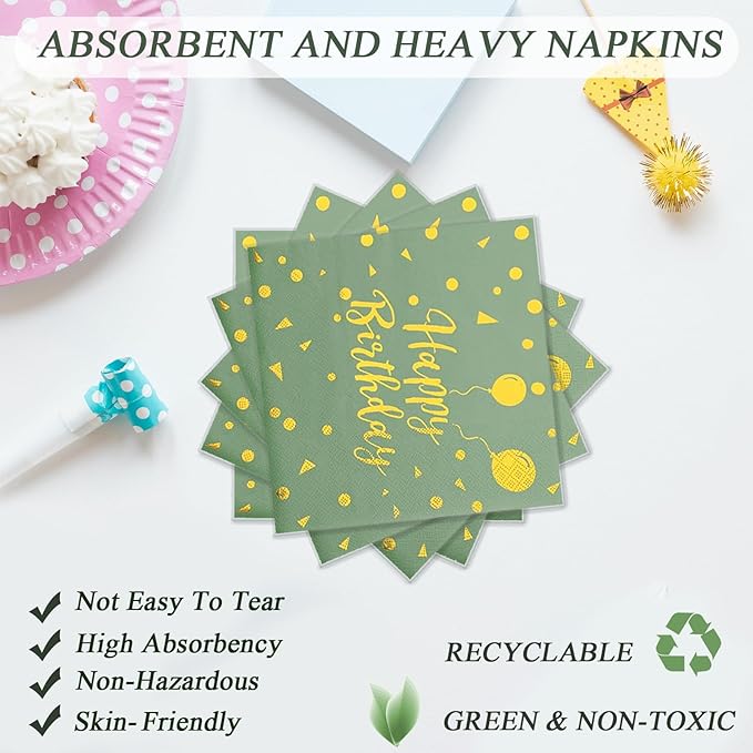 72PCS Happy Birthday Paper Plates - Sage Green and Gold Tableware Set Include 7Inch Paper Plates 6.5 Inch Napkins and 6.3 Inch Forks Disposable Decoration Supplies for Birthday Party,Serve 24