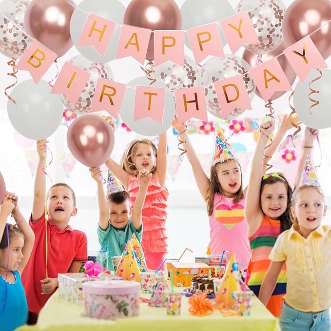 Happy Birthday Banner, Rose Gold Birthday Decoration, 16 pcs 12 inch Balloons with 2 Ribbons for Girl and Women Party Decoration