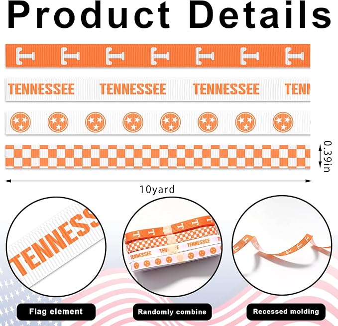 Hying 4 PCS Tennessee Ribbons for Crafting, 3/8" Width Orange White Grosgrain Ribbons Buffalo Plaid Ribbon Tennessee Letters Craft Ribbons for Gift Wrapping DIY Sports Birthday Decorations-20 Yards