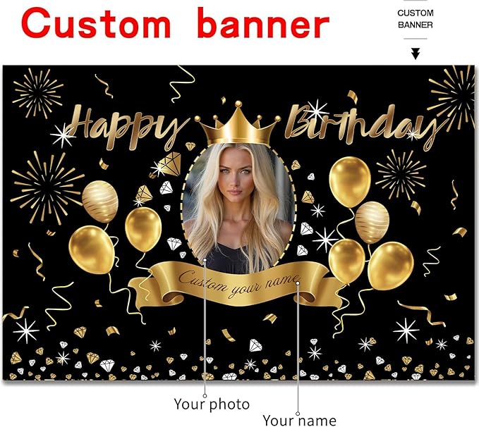 Custom Black Gold Crown Happy Birthday Banner Backdrop Personalized Happy Birthday Golden Balloon Diamond Backgroud Party Indoor Outdoor Car Decoration Supplies for Man Women (6x9ft)