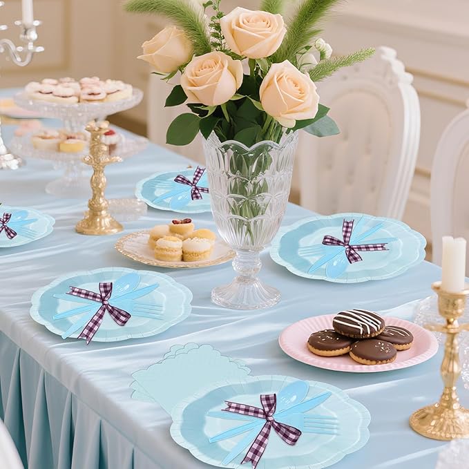 168 Pcs Pastel Blue Party Supplies Serves 24 Disposable Plates and Napkins with Full Plastic Utensils, Light Blue Tableware Set for Baby boy Shower, Birthday, Garden Events