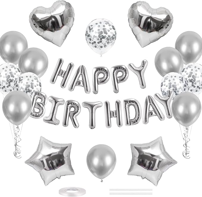 CANREVEL Happy Birthday Balloons Banner 16 Inch Mylar Foil Letters with Star & Heart Balloons Birthday Party Decorations for Men and Women - 30 Pcs Silver