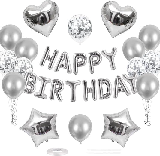 CANREVEL Happy Birthday Balloons Banner 16 Inch Mylar Foil Letters with Star & Heart Balloons Birthday Party Decorations for Men and Women - 30 Pcs Silver