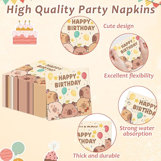 96Pcs Capybara Birthday Party Decorations Capy Birthday Tableware Set Cute Cartoon Animals Disposable Paper Plates Napkins Capybara Party Supplies for Kids Baby Shower Favors Table Decor Serves 24