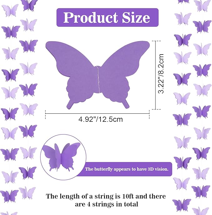 jijAcraft Butterfly Hanging Garlands - 3D Purple Paper Butterflies, 4 Packs - Birthday Decorations for Baby Showers, Home Decor, Weddings & Parties (39ft)