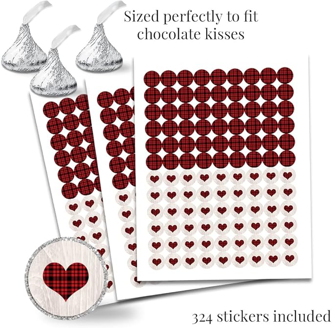 Amanda Creation Our Little Heartbreaker Red Black Buffalo Plaid Birthday Valentine Party Sticker Bundle 429 Pieces! Includes Circle Stickers, Mini Candy Bar Wrappers & Candy Kiss Stickers
