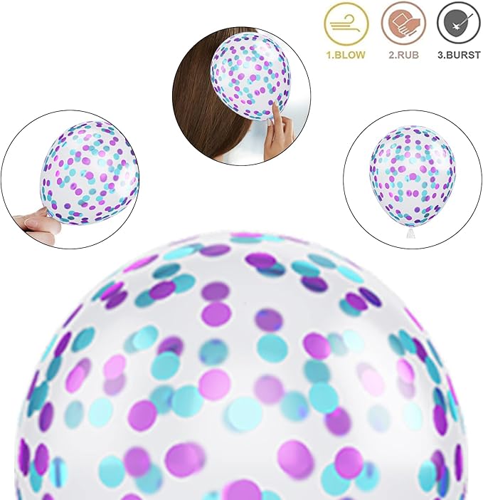 Mermaid Party Balloons, 60PCS Purple Pink Blue Balloons, 12Inch Metallic Purple Teal Blue Confetti Latex Balloon Helium for Girls Mermaid Theme Birthday Baby Shower Wedding Party Decorations