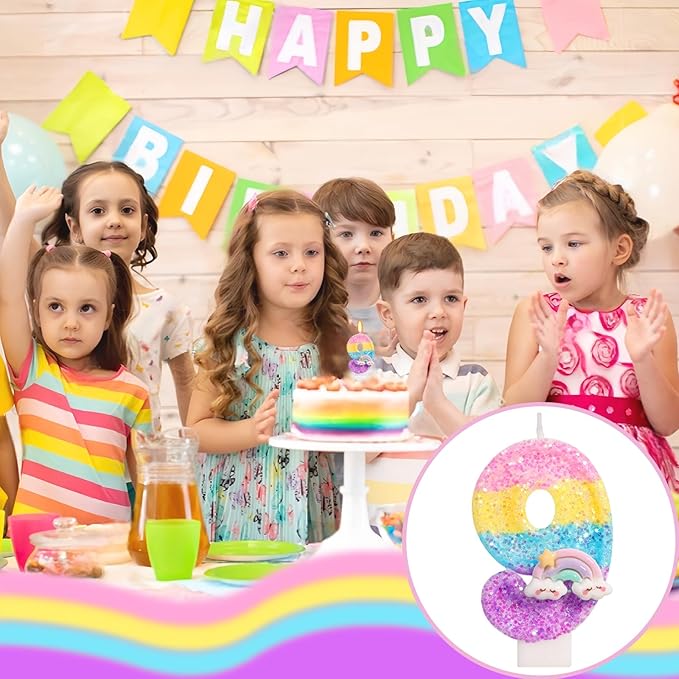 Rainbow Candles for Cakes, Number 9 Candle Rainbow Cake Topper for 9th Birthday Decorations for Girls, On Cloud 9 Birthday Decorations