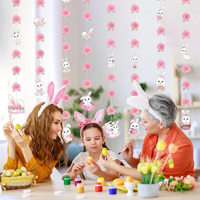 Daifunli 8 Pcs Bunny Birthday Party Decorations Some Bunny is One Birthday Hanging Garlands Banner Pink Rose White Rabbit Paper Cutouts Streamer for Girls Wall Ceiling Decor Rabbit Party Supplies