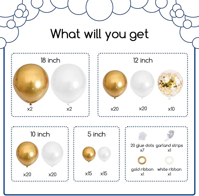 COKAOBE White and Gold Balloons Garland Kit, 124pcs White Metallic Gold Confetti Balloon Arch Kit for Wedding, Engagements Birthday Graduation Baby Shower Celebrations Anniversary Party Decorations
