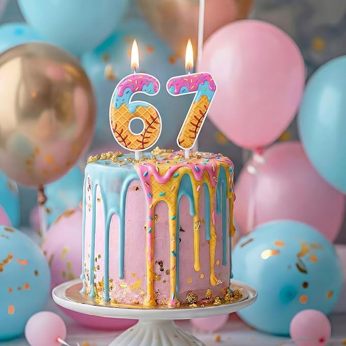 Conelist 6 7 Baseball Ice Cream Drip Birthday Number Candles Baseball Drip Cake Topper Candle Cupcake Topper Decoration for Sport Theme Happy Birthday Party Favors Anniversary Supplies (2 Pcs)