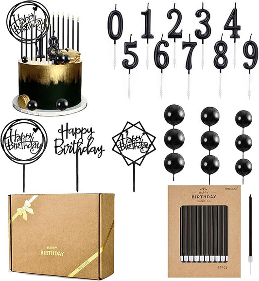 PHD CAKE 46 Pcs Black Birthday Candles, 10 Cake Number Candles, 9 Ball Cake Toppers, 3 Birthday Cake Toppers, Party Celebration