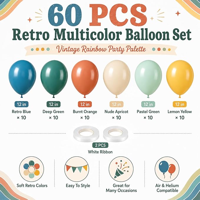 Colorful Balloons, 60Pcs Retro Multicolor Balloon, 12 Inch Latex Vintage Rainbow Balloons for Baby Shower Kids Birthday Party Carnival Graduation School Event Picnic Boho Theme Party Decoration