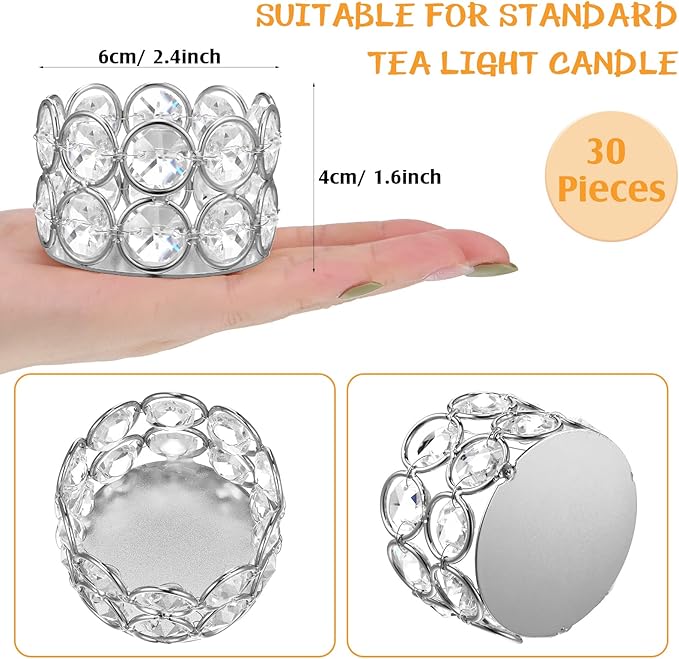 Potchen 30 Pieces Crystal Tealight Candle Holders Bulk, Votive Candle Holder Stands with Diamond Design for Table Centerpieces Wedding Party Home Decor and Holiday Favors (Silver)