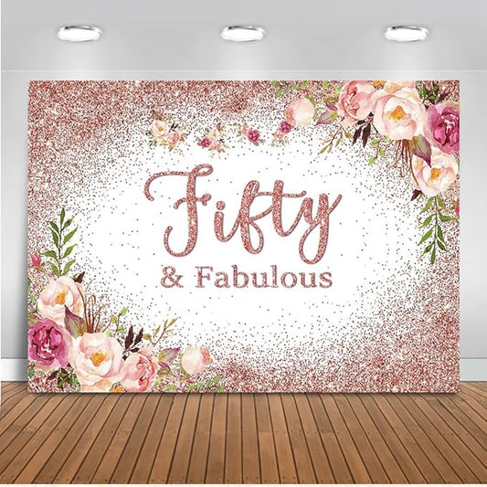 Mocsicka Fifty and Fabulous Backdrop Rose Gold Floral 50th Birthday Party Photo Backdrops Happy Fifty 50th Birthday Party Decorations Photography Background (10x8ft, 50th)