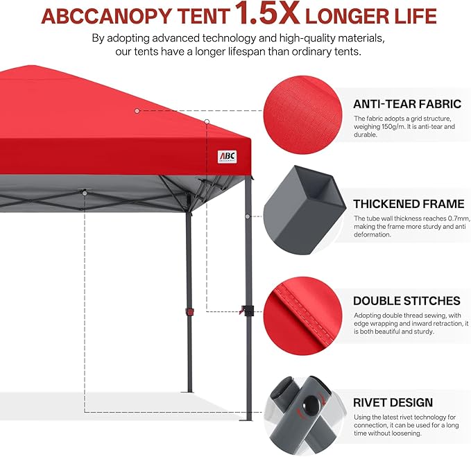 ABCCANOPY Pop Up Canopy - Outdoor Patio Portable Canopy Tent Heavy Duty for Backyard and Deck with 4 Sandbags(Red, 8x8)