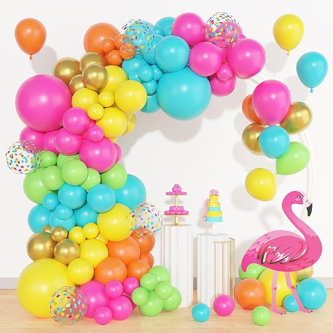 Amandir 153pcs Tropical Balloons Arch Garland Arch Kit, Different Sizes 18 12 10 5 inch Hot Pink Green Blue Latex Metallic Confetti Luau Balloons for Summer Beach Aloha Hawaiian Pool Party Decoration
