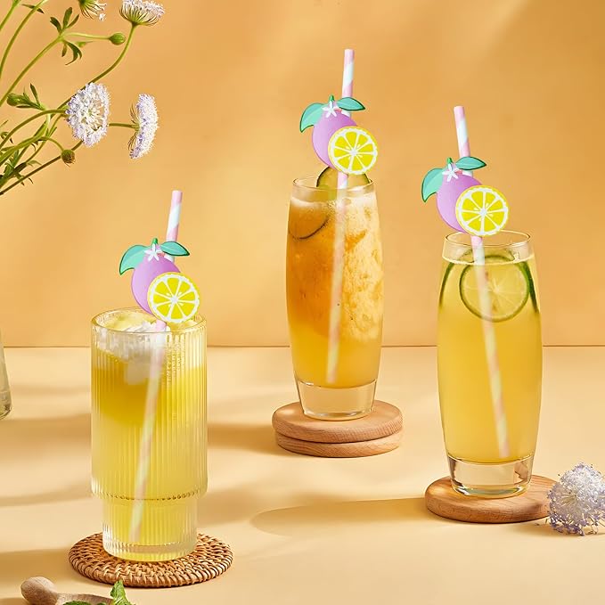Lemonade Stand Paper Straws - 100PCS Fresh Lemonade Party Decorations Supplies, Lemon Bar Cocktail Striped Straw for Drinks, Birthday Decor for Summer Disposable (Pink)