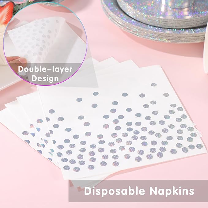 Iridescent Plates Party Supplies-168pcs Iridescent Party Decorations includes Holographic Plates Silver Dot Napkins and Silverware Set for Disco Winter Birthday Party Decorations Serves 24