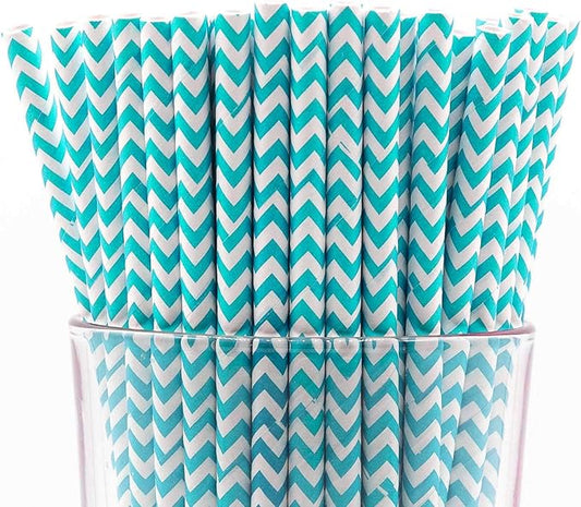 Pack of 300 Turquoise Chevron Biodegradable 4-Ply Paper Drinking Straws (Compostable, Non-toxic, BPA-free)
