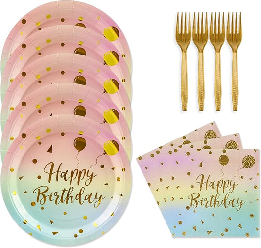 48PCS Happy Birthday Plates and Napkins Party Supplies, Colorful and Gold Disposable Paper Plates and Napkins with Forks Tableware Set for Birthday Party Decorations 16 Guests (Colorful)