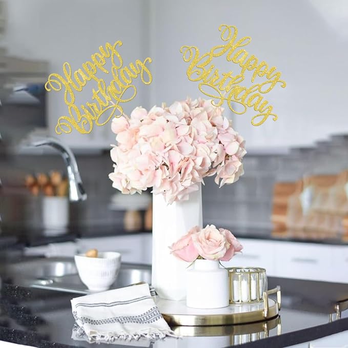 12 PCS Happy Birthday Centerpiece Sticks Double Sided Glitter Birthday Party Table Flower Centerpieces Anniversary Floral Decorations for Celebrating Birthday Party Centerpieces Supplies Gold