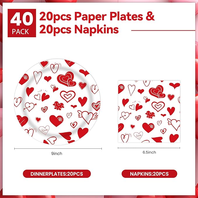 40 Pcs Valentines Day Plates and Napkins Party Supplies, Red Heart Valentine Paper Plates Napkins Disposable Tableware Set for Anniversary Wedding Mother's Day Party Decorations
