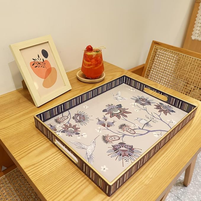 Rectangle Plastic Serving Tray with Handles, Elegant Decorative Tray for Coffee Table, Ottoman, Living Room, Kitchen, Outdoor Use. 12"*16"*1.6" A