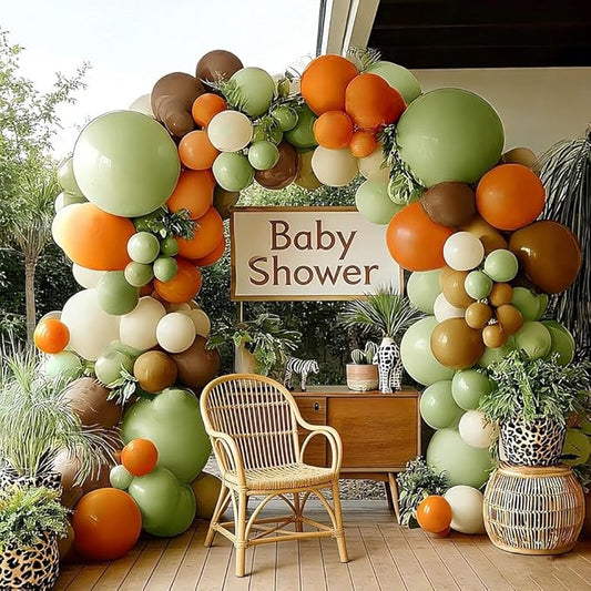 Green Brown Orange Balloon Garland Double Stuffed Sage Green White Sand Cream Balloon Arch Kit for Birthday Baby Shower Dinosaur Woodland Wild One Party Decorations