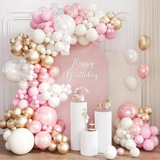 Pastel Pink White and Gold Balloons Garland Arch Kit, 167Pcs Latex Balloons Different Sizes 18 12 10 5 inch for Girl Birthday Baby Shower Graduation Wedding Party Decoration