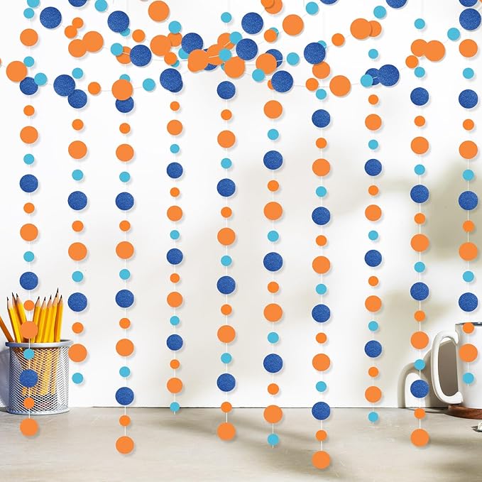 Outus 10 Pieces Orange,Blue Round Dots Garland Graduation Party Hanging Decor Each Length 13.1ft Glitter Paper Dot Streamers for Birthday Wedding Classroom Supplies