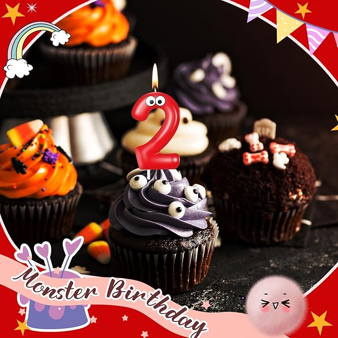 MTLEE Number Birthday Candle Monster Theme Candles Cookies Cake Topper for Girl Boy Cartoon Birthday Party Cake Decorations Supplies(Red,Number 2)