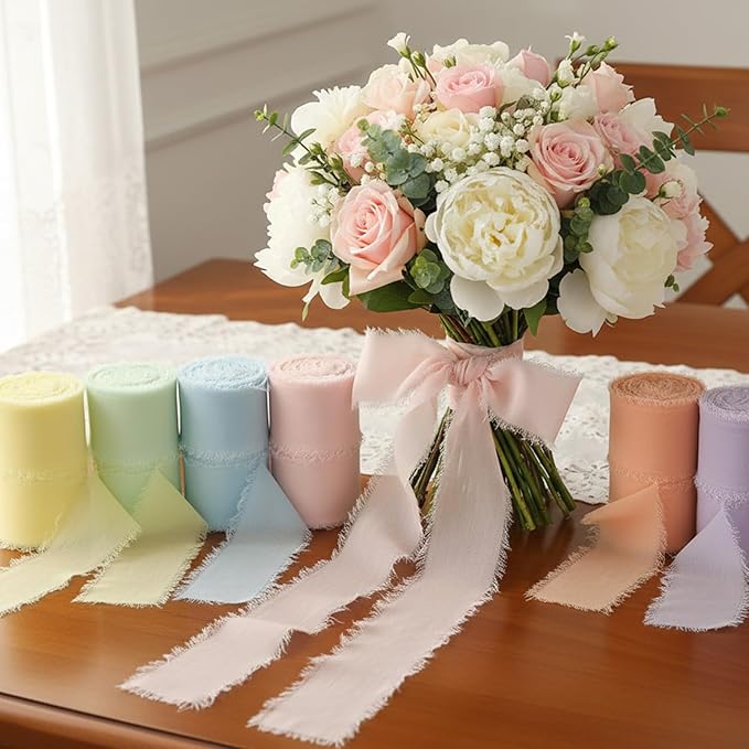 Pastel Macaron Chiffon Ribbon - 1.5 Inch x 3 Yds Colorful Frayed Silk Ribbon for Wedding Invitation, Flower Bouquets, Gift Wrapping, Bridal & Baby Showers