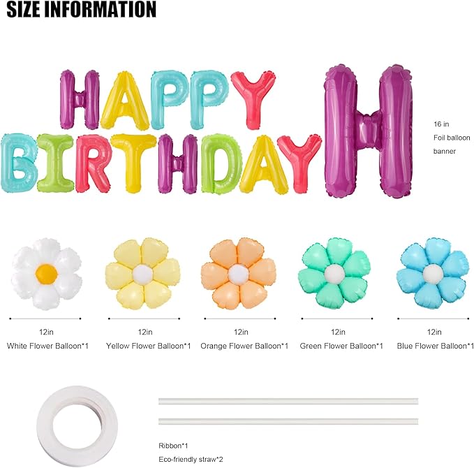 CANREVEL Happy Birthday Banner 13pcs 16 Inch Mylar Foil Letters with 5pcs Flowers Balloons Birthday Party Decorations for Kids and Adults - 3D Macaron