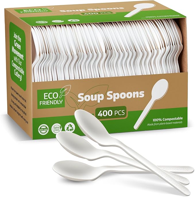 Elegant Disposables 100% Compostable PLA Spoons Bulk Pack 400 Pcs Biodegradable Disposable Plastic Cutlery Utensils