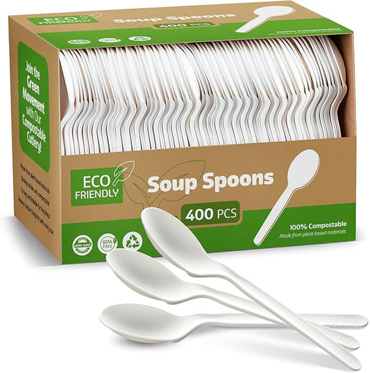 Elegant Disposables 100% Compostable PLA Spoons Bulk Pack 400 Pcs Biodegradable Disposable Plastic Cutlery Utensils