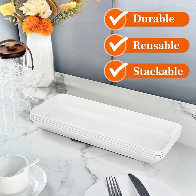 Serving Tray Platter Rectangle, 4 Pcs Long Narrow Food Tray for Veggie Fruit Snack Dessert, Plastic White Food Trays for Party Supplies Display, Rectangular Platters for Serving Food, BPA Free