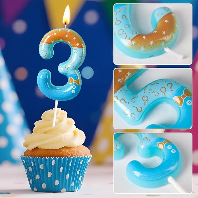 Number 3 Birthday Candle for Cake – Blue Cartoon Outfit Style with Bow Tie, Question Mark & Star Pattern – Fun Cake Topper Decoration for Celebration