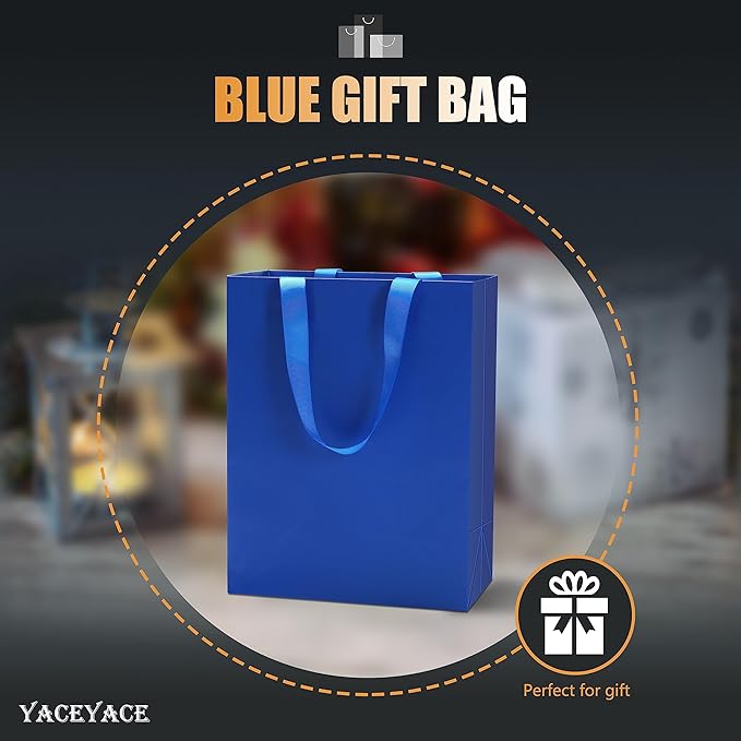 Blue Gift Bags, 10Pcs, 8x4.25x10.5 Inch, Medium Blue Paper Gift Bags with Ribbon Handles, Multi-purpose, Wedding, Birthday, Party, etc.